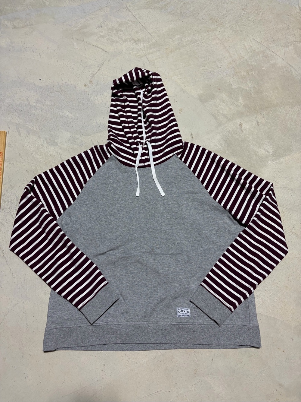 Orvis Gray Hoodie with Burgundy Stripe Sleeves large